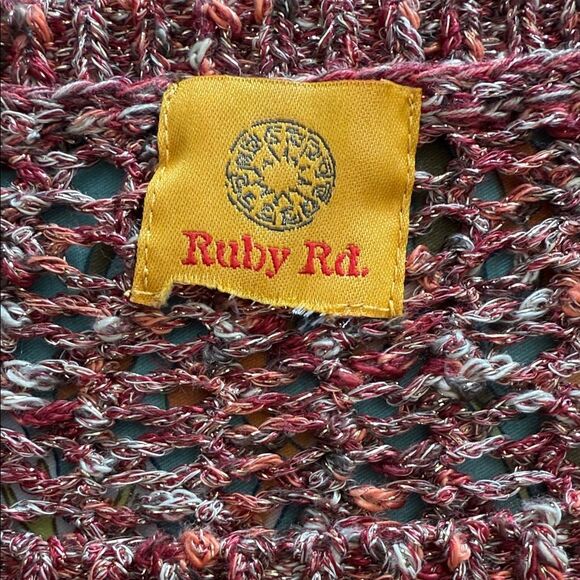 Ruby Rd. Red Multi Color Open Knit Top with Drawstring to cinch on one side - Picture 2 of 10